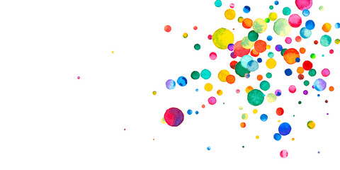 Watercolor confetti on white background. Alive rainbow colored dots. Happy celebration wide colorful bright card. Appealing hand painted confetti.