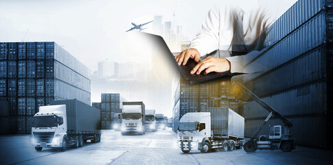 Double exposure of delivery industry and logistics concept container truck ,ship in port and...