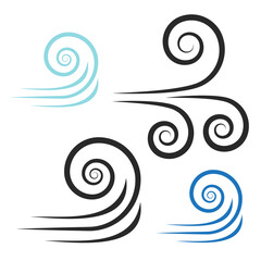 Wind blowing vector icon isolated on white background. Simple flat wind pictogram. Cold weather symbol black illustration. - Vector