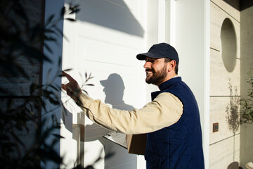 Professional delivery man ringing doorbell and delivering packages fast to the correct address.