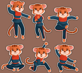 a set of tigers in combat kung fu poses. Stickers with white stroke in kartun style.