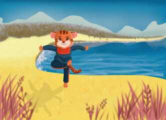 tiger in the position for combat art kung fu. pose3 of 5. Cute cartoon style.