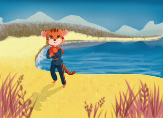 tiger in the position for combat art kung fu. pose 4 of 5. Cute cartoon style.