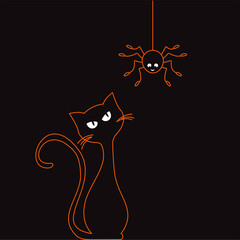 Neon orange cat and the hanging spider look at each other on black background. Simple halloween greeting card.
