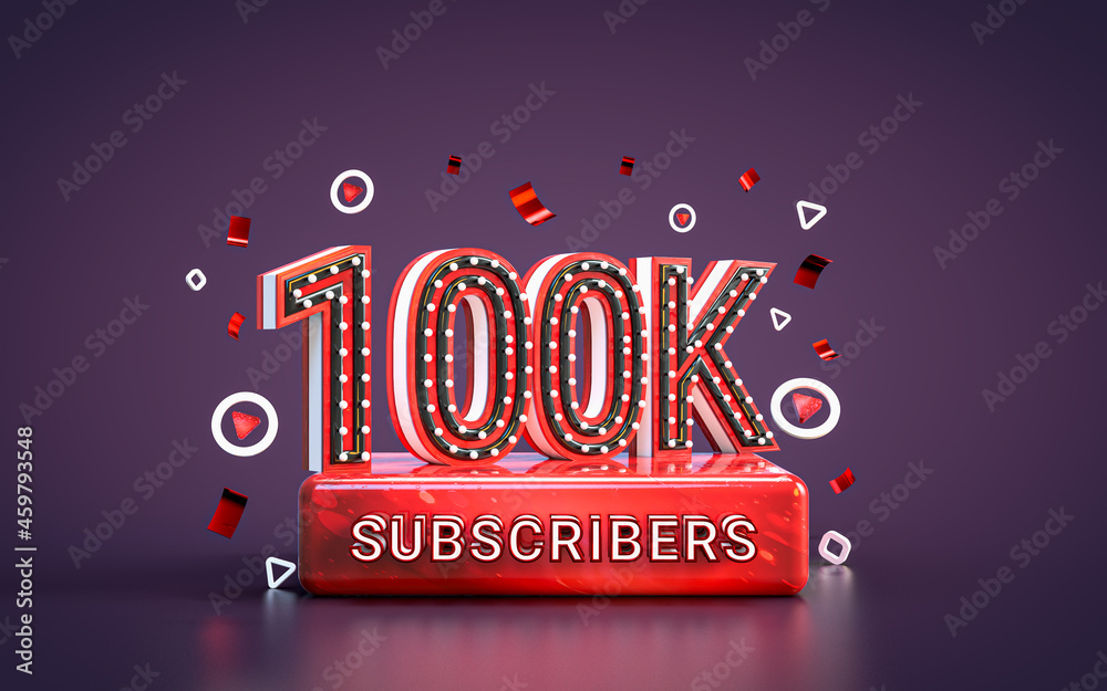 Wall mural 100k subscribers celebration. hundred thousand followers social media congratulation card 3d render