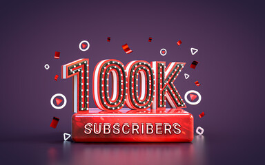 100k subscribers celebration. Hundred thousand followers social media congratulation card 3d render - obrazy, fototapety, plakaty