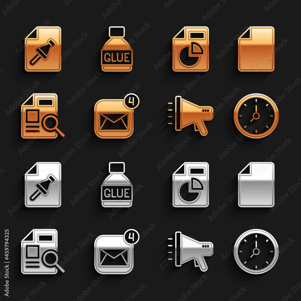 Poster set envelope, file document, clock, megaphone, document with graph chart, note paper push button and