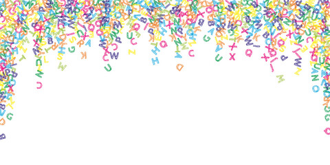Falling letters of English language. Colorful sketch flying words of Latin alphabet. Foreign languages study concept. Symmetrical back to school banner on white background.
