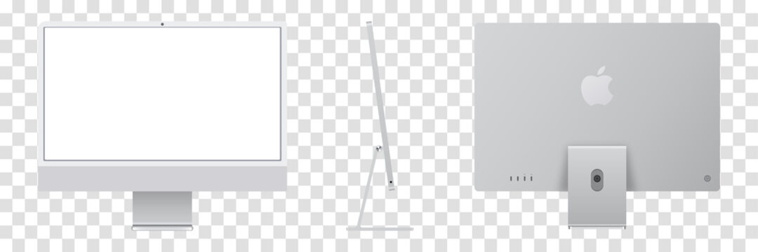 iMac 24 inch personal computer made by Apple Computers, isolated on transparent background. Front, back and side views. Vector illustration