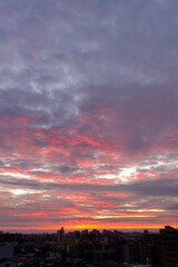 都市の夜明け、早朝ビルの隙間から太陽が昇り辺りはオレンジ色に染まる。ビルはシルエットに浮かぶ。