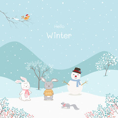 Cute cartoon animals with snowman happy on winter background