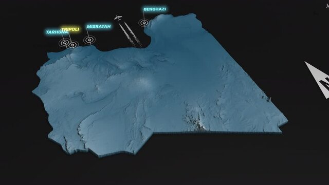 Seamless looping animation of the 3d terrain map at nighttime of Libya with the capital and the biggest cites in 4K resolution