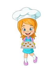 Cute bakery chef girl holding tray with cookies