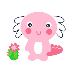 Hand drawn axolotl with cactus. Perfect for T-shirt, textile and prints. Cartoon style vector illustration for decor and design.
