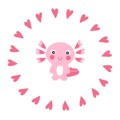 Hand drawn hearts round shape with axolotl. Perfect for poster, textile and prints. Cartoon style vector illustration for decor and design.
