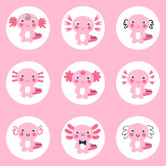 Hand drawn axolotls stickers collection. Perfect for instagram story highlight. Cartoon style vector set of nine cute reptiles illustration.
