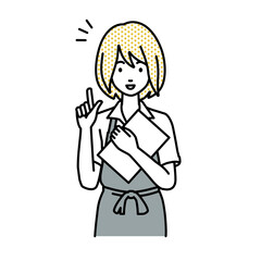 立って書類を手に持って何かひらめいたカフェ店員の女性