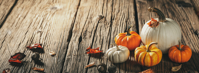  Mini Pumpkins And Leaves And Acorns On Rustic Wooden Harvest Table - Autumn Decoration Background