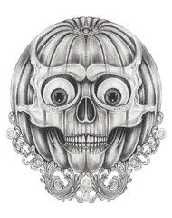 Surreal pumpkin skull halloween day. Hand drawing on paper.
