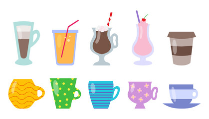 Cups, mugs, glasses made of glass and paper, colorful set. Coffee, tea, cocoa with marshmallows, juice with a straw, milkshake. Cartoon flat style. Design for coffee shop, cafe menu confectionery