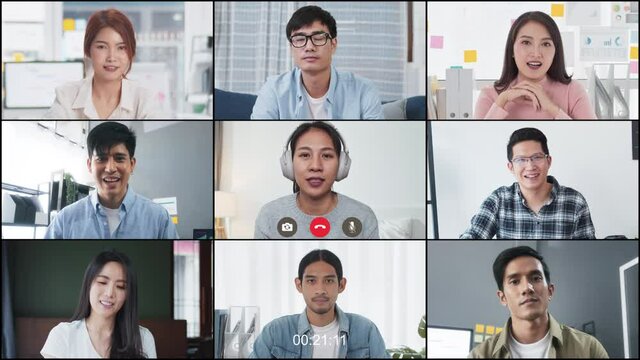 Group of young Asian business people, office coworker on video online conference call, remote team meeting. Work from home, internet communication technology, coronavirus social distancing lifestyle