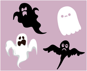 Ghosts Black And White Objects Signs Symbols Vector Illustration With Purple Background