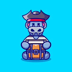 cute hippo halloween pirate carrying treasure chest