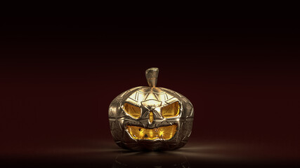 The gold pumpkin lantern in dark tone for Halloween  concept 3d rendering