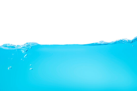 Water waves make bubbles and splashes in the clear blue water. Bubbles in blue liquid