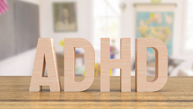 adhd wood text on table in class room for medical or education concept 3d rendering