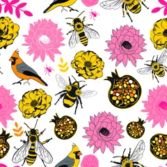 Fotobehang bee and flowers seamless repeat pattern pink © Tamryn-leigh Van Log