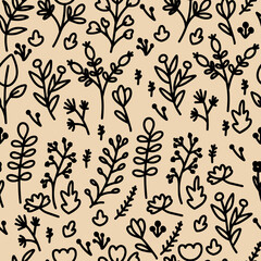 Seamless pattern with botanical elements. Black and white vector flowers, berries, twigs and leaves for design on a beige background. Simple, flat doodle style.