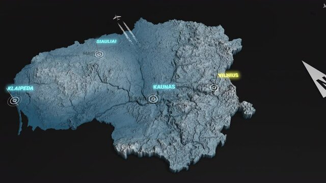 Seamless looping animation of the 3d terrain map at nighttime of Lithuania with the capital and the biggest cites in 4K resolution