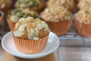 Banana cup cake with almond topping.