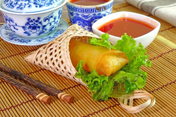 Spring rolls.Deep fried crispy spring rolls, popular Chinese appetizer, vegetarian food