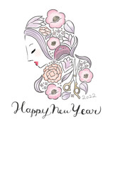 2022年　美容院年賀状イラストデザイン お花と女性