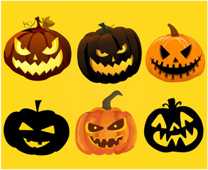 Pumpkin Halloween Objects Signs Symbols Vector Illustration Abstract With Yellow Background