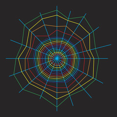 Fototapeta premium Spider web silhouette on black. Tangled trap of multi-colored threads. Cobweb threads of all rainbow colors. Fantasy vertical structure. Orb webs of proteinaceous spider silk. Halloween design element