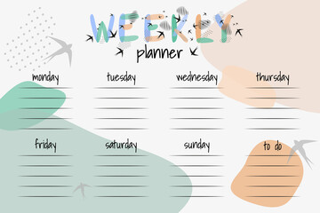 Stylish weekly planner organizer for every day of week in Sandinavian style. Diary template. Natural colors, spots, lines, points, birds. Vector illustration.