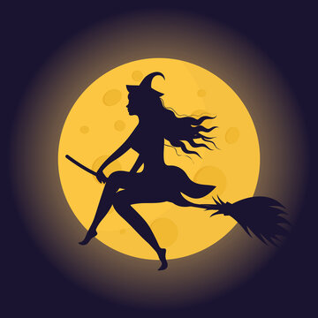 Halloween witch silhouette on a broom opposite the moon. 