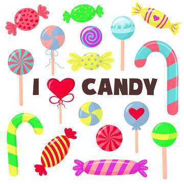 Sweets and candies set in cartoon style.  Lollipops, cane, sweetmeats and chupa-chups. Cute glossy sweets. I love candy lettering.    