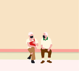 Old senior friends with medical mask talking and keep social distancing at park during the coronavirus epidemic. Vector illustration in flat style. Virus protection concept