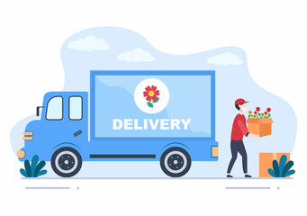 Fototapeta premium Flower Delivery Service Online Business with Courier Holding a Flowers Order Bouquet Using Trucks, Cars or Motorbikes. Background Vector Illustration