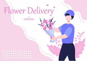 Flower Delivery Service Online Business with Courier Holding a Flowers Order Bouquet Using Trucks, Cars or Motorbikes. Background Vector Illustration