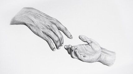 Sketch of reaching, giving a helping hand. Drawing touching hands.