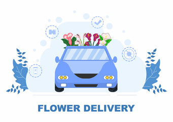 Flower Delivery Service Online Business with Courier Holding a Flowers Order Bouquet Using Trucks, Cars or Motorbikes. Background Vector Illustration