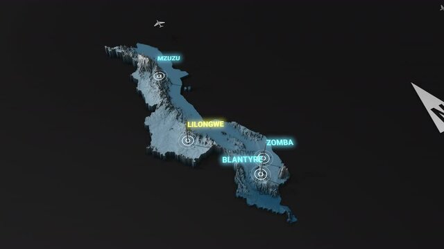 Seamless looping animation of the 3d terrain map at nighttime of Malawi with the capital and the biggest cites in 4K resolution