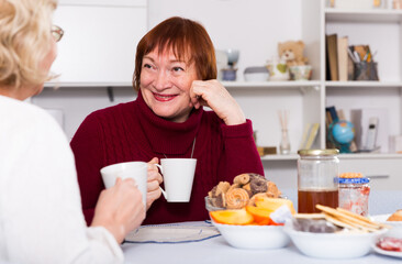 Smiling pensioners females talking at home with cup of tea