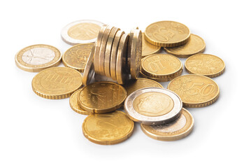 Golden coins on white background