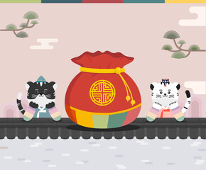 lucky bag and a tiger on the roof  illustration set. lucky bag, tiger, tree, Brick, card. Vector drawing. Hand drawn style.